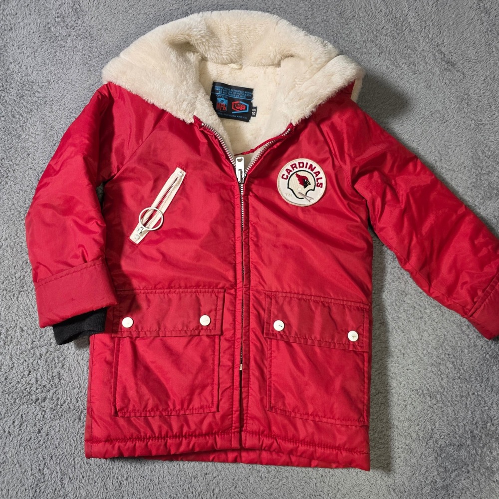 Sears NFL Boys‎ 10 Cardinals Parka Red Vintage Faux Fur Lined Split Hood Jacket